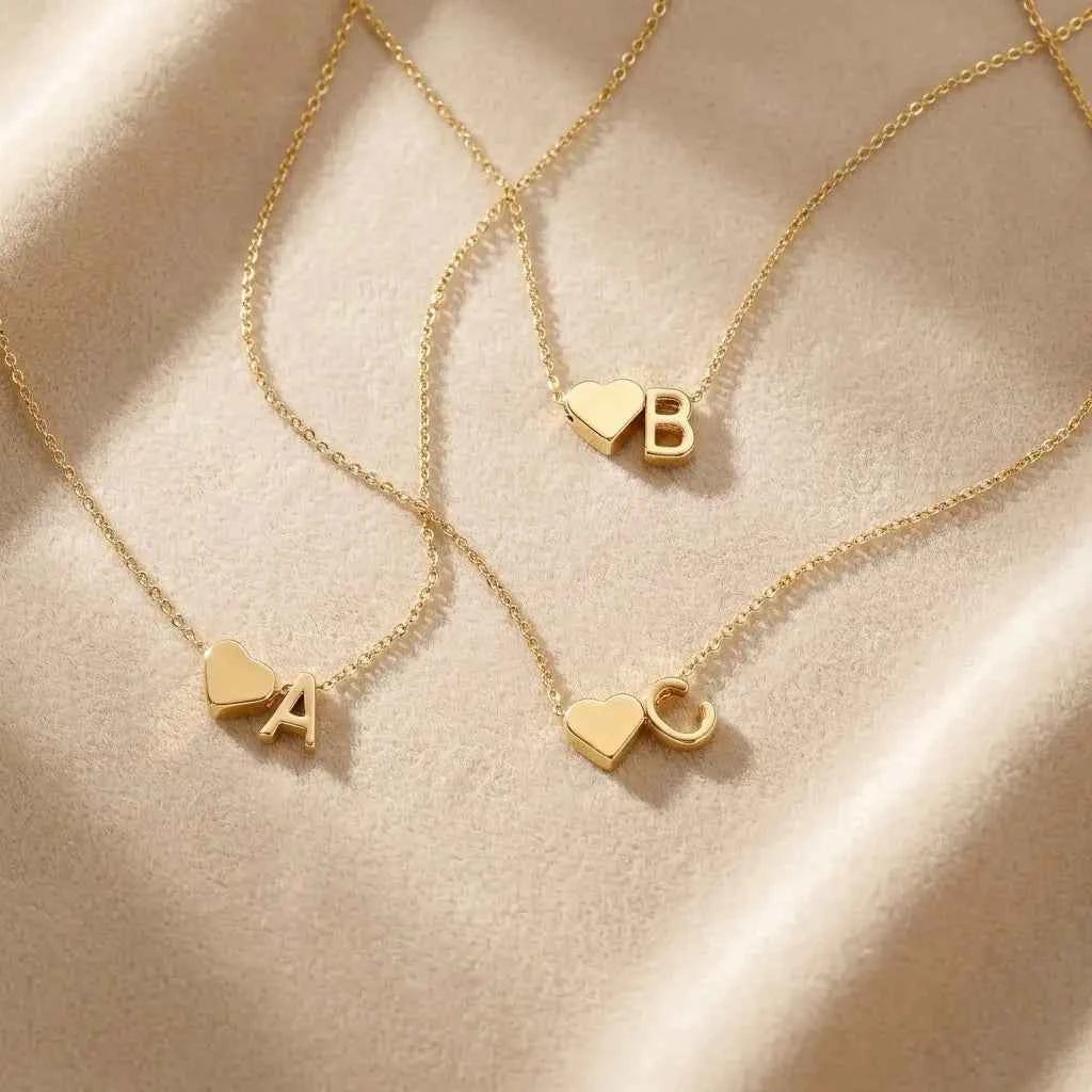 💛 Gold Heart Initial Necklace A–Z | Dainty Letter Pendant
