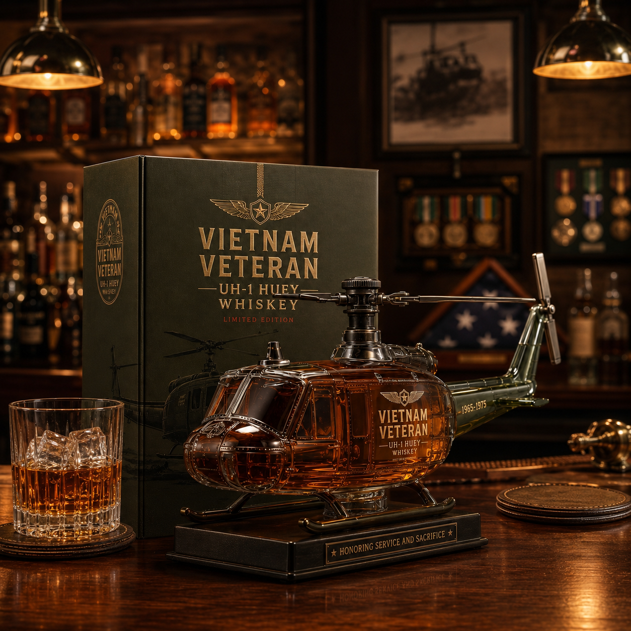 🚁Free Shipping Now🎖️Vietnam Veteran UH-1 Huey Helicopter 1965-1975 Whiskey Bottle
