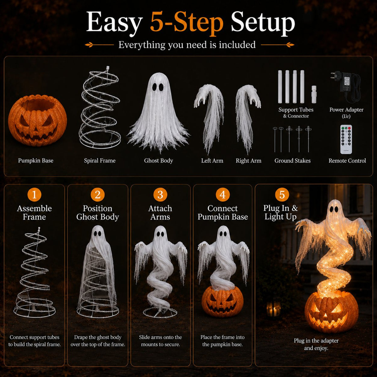 👻 Swirling Ghost Pumpkin Yard Lamp – 51in Lighted Halloween Porch Decor 🎃