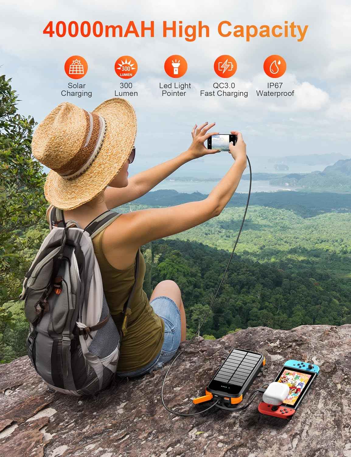 🔥Last Day 60% OFF-Solar Power Bank 40000mAh, Portable Charger PD 20W Fast Charging