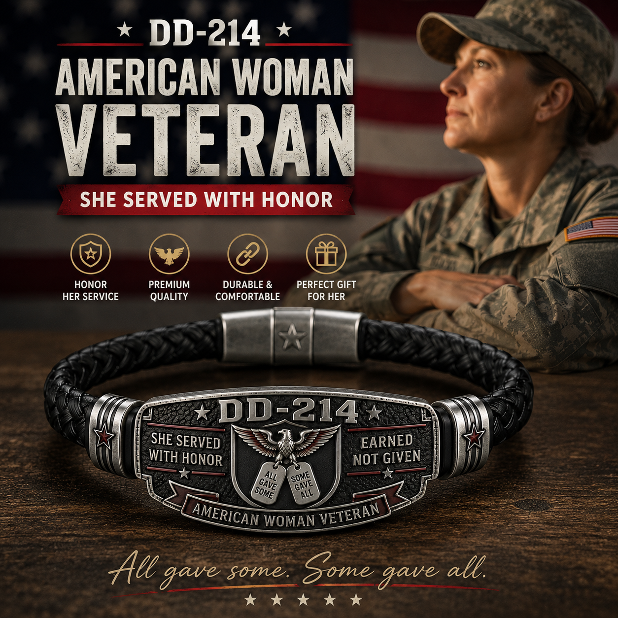 🎖️DD-214 American Woman Veteran Bracelet — She Served With Honor