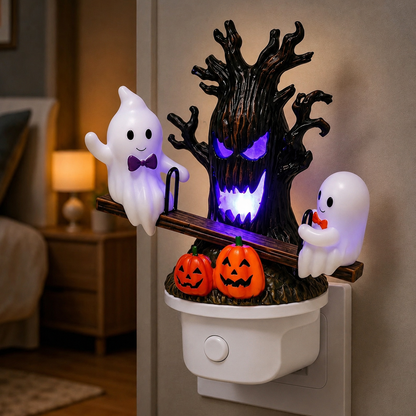 Animated Seesaw Ghost Plug In LED Night Light, 3D Halloween Lamp with Pumpkin & Spooky Tree, Cute Spooky Indoor Decor for Bedroom Bathroom Hallway