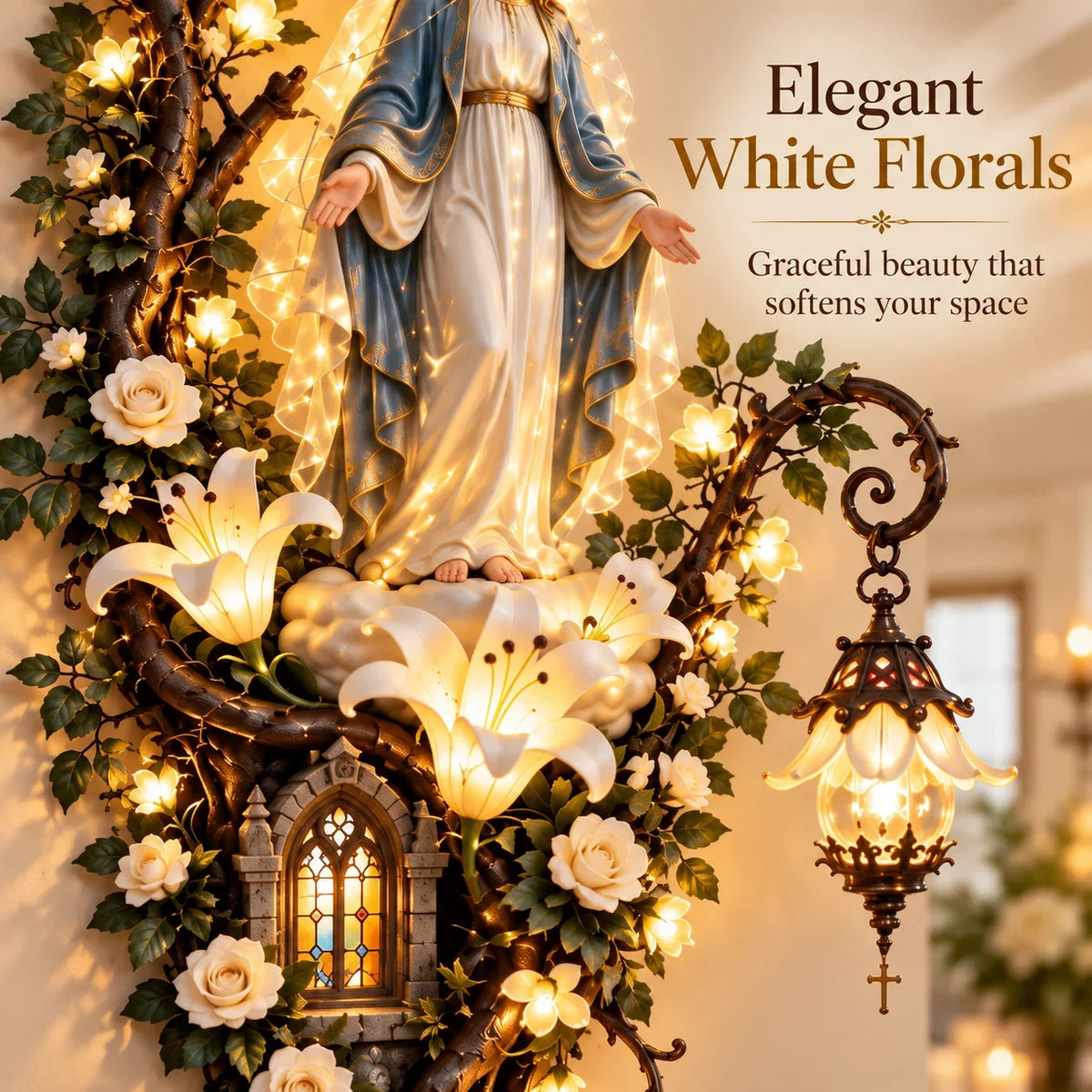 🙏✨ Glowing Blessed Mother Floral Wall Décor