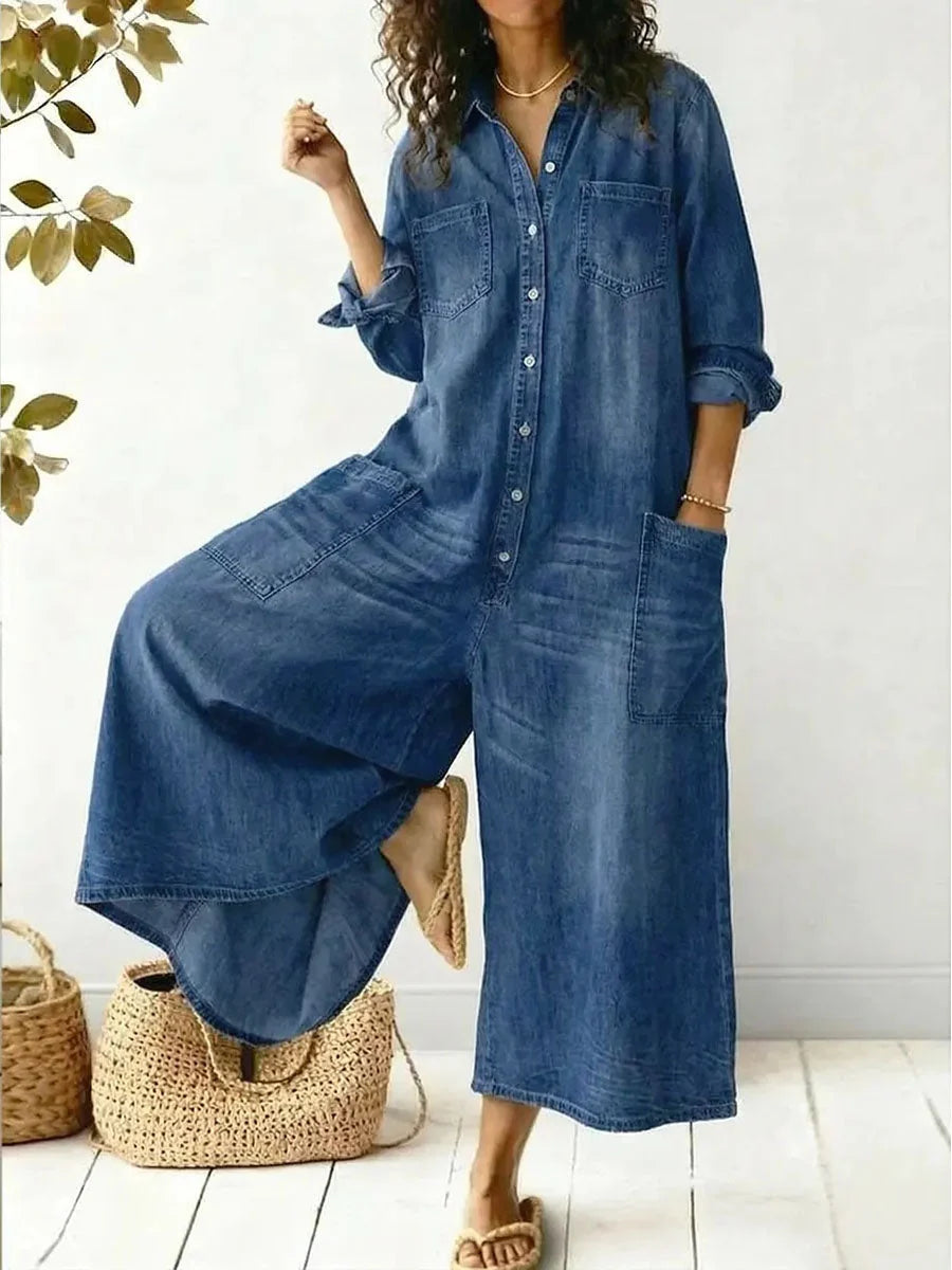 Lightweight Denim Relaxed Wide-Leg Jumpsuit