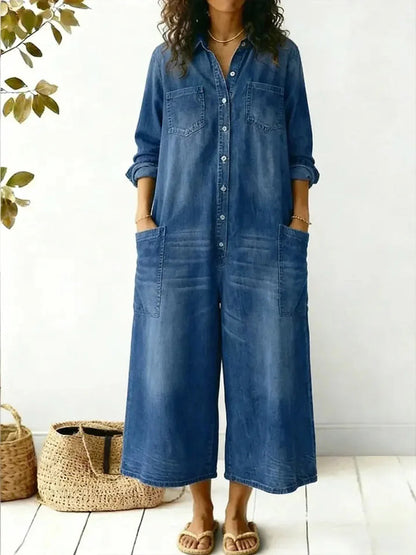 Lightweight Denim Relaxed Wide-Leg Jumpsuit