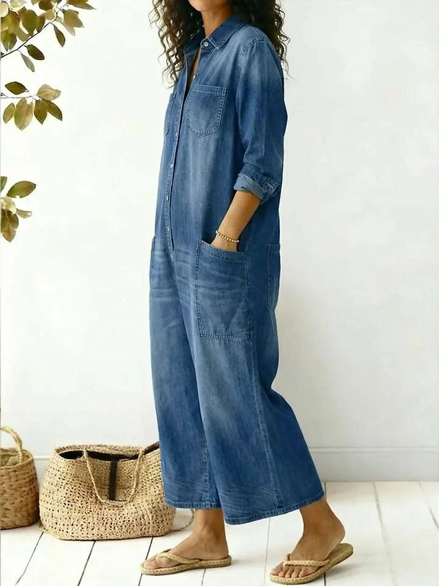 Lightweight Denim Relaxed Wide-Leg Jumpsuit