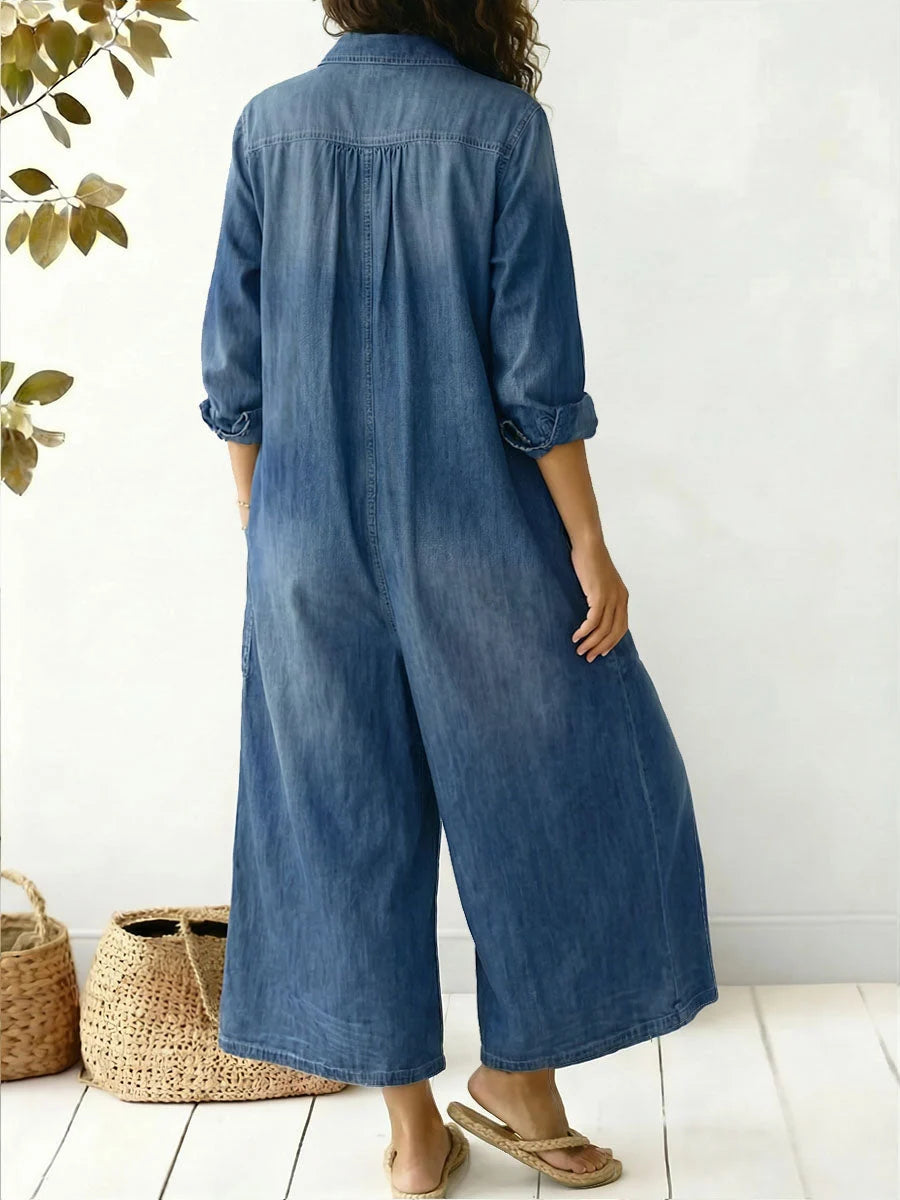 Lightweight Denim Relaxed Wide-Leg Jumpsuit