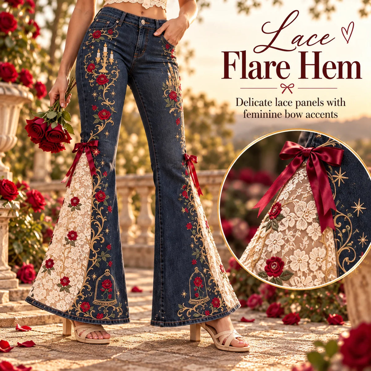 ⏳ Last Day 50% OFF – 🌹 Vintage Embroidered Flare Jeans | High-Rise Stretch Denim with Lace Panels & Floral Details ✨