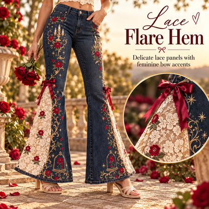 ⏳ Last Day 50% OFF – 🌹 Vintage Embroidered Flare Jeans | High-Rise Stretch Denim with Lace Panels & Floral Details ✨