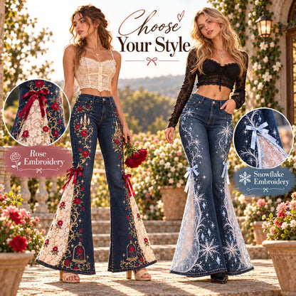 ⏳ Last Day 50% OFF – 🌹 Vintage Embroidered Flare Jeans | High-Rise Stretch Denim with Lace Panels & Floral Details ✨