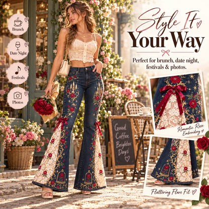 ⏳ Last Day 50% OFF – 🌹 Vintage Embroidered Flare Jeans | High-Rise Stretch Denim with Lace Panels & Floral Details ✨