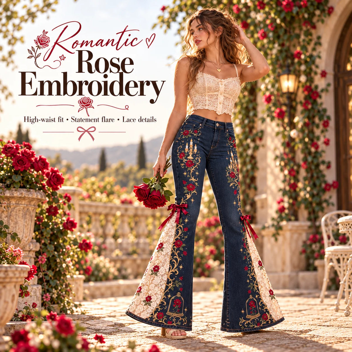 ⏳ Last Day 50% OFF – 🌹 Vintage Embroidered Flare Jeans | High-Rise Stretch Denim with Lace Panels & Floral Details ✨