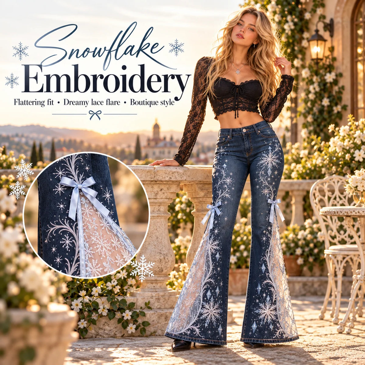 ⏳ Last Day 50% OFF – 🌹 Vintage Embroidered Flare Jeans | High-Rise Stretch Denim with Lace Panels & Floral Details ✨