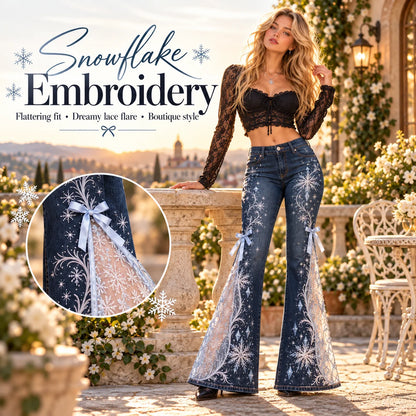⏳ Last Day 50% OFF – 🌹 Vintage Embroidered Flare Jeans | High-Rise Stretch Denim with Lace Panels & Floral Details ✨