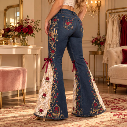 ⏳ Last Day 50% OFF – 🌹 Vintage Embroidered Flare Jeans | High-Rise Stretch Denim with Lace Panels & Floral Details ✨