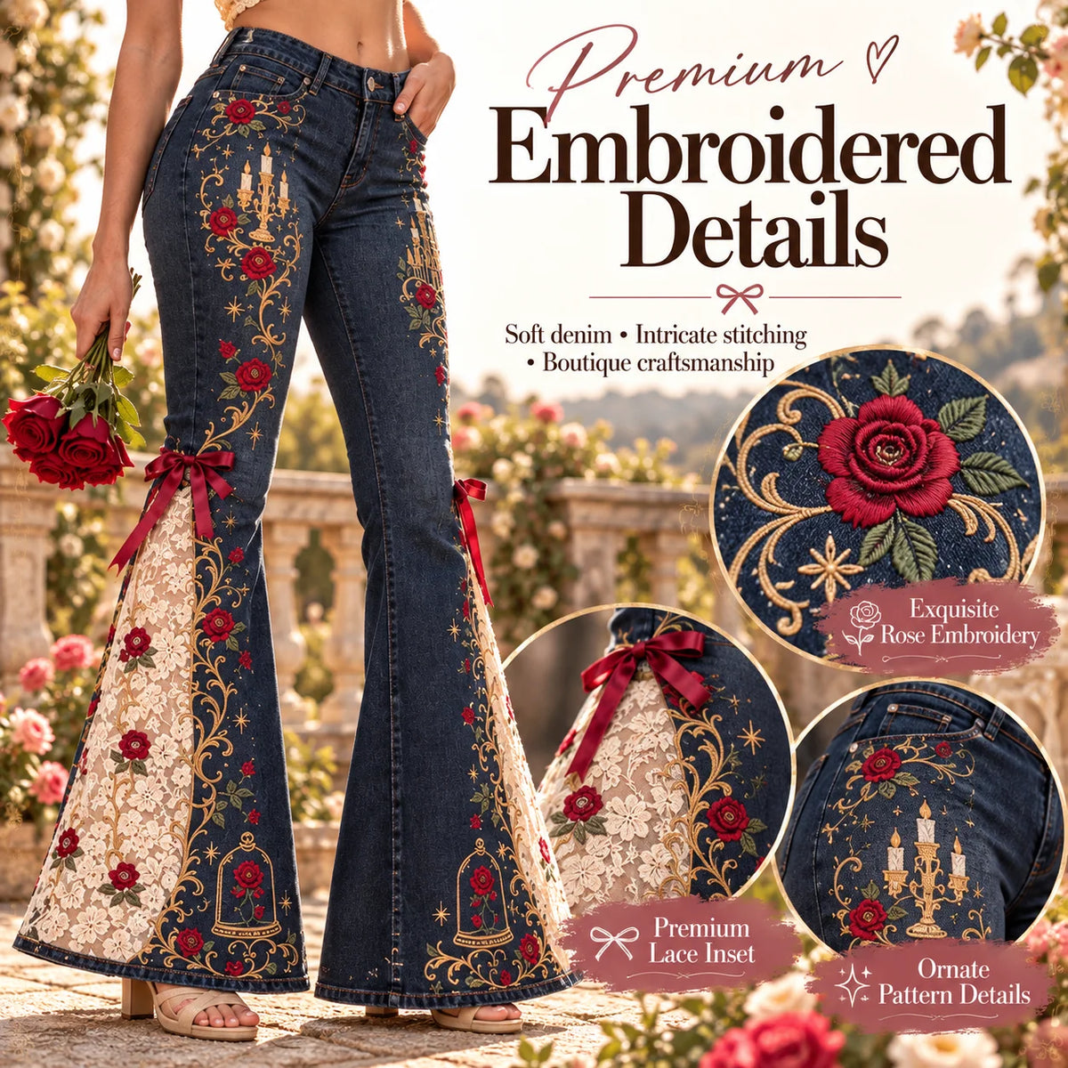 ⏳ Last Day 50% OFF – 🌹 Vintage Embroidered Flare Jeans | High-Rise Stretch Denim with Lace Panels & Floral Details ✨