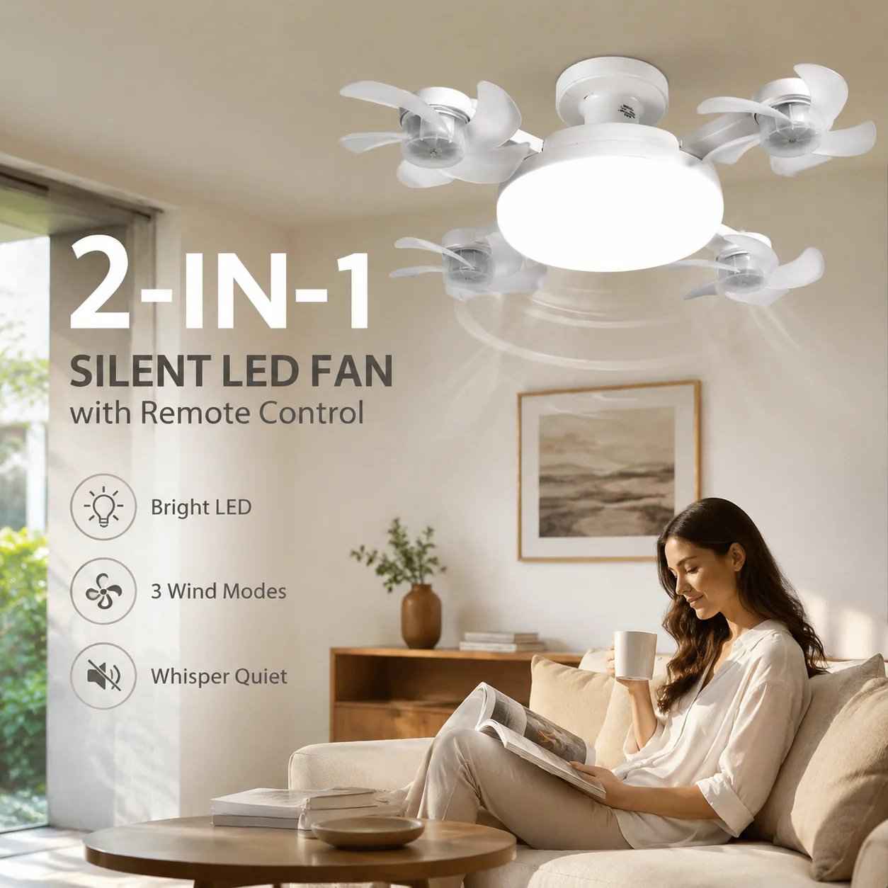 2‐in‐1 Silent LED Fan with Remote Control, Energy‐Saving Cooling & Lighting Combo for Home Bedroom