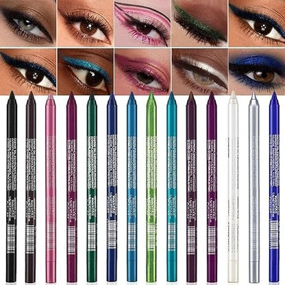 14-Piece Eyeliner Set: Waterproof Colored Gel Eyeliners featuring Metallic and Shimmer Finishes—Smudge-Proof for 48 Hours.