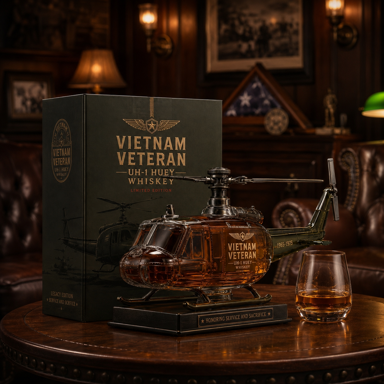 🚁Free Shipping Now🎖️Vietnam Veteran UH-1 Huey Helicopter 1965-1975 Whiskey Bottle