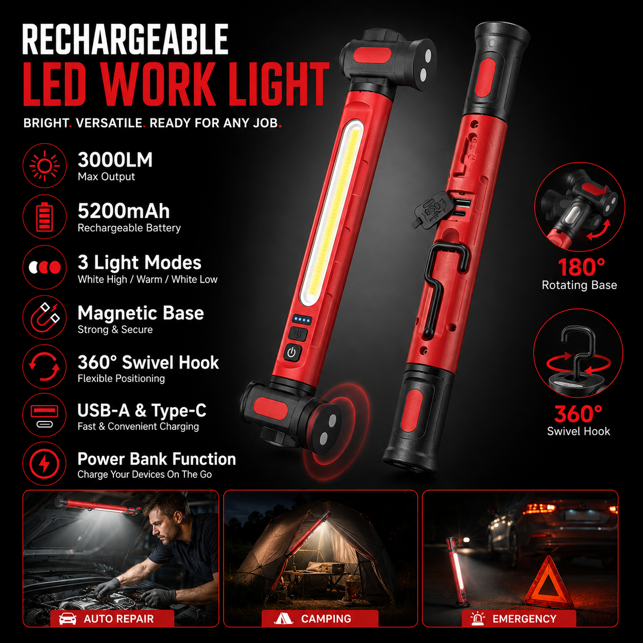 🔥Father’s Day 49% Off-Rechargeable LED Work Light – 3000LM Magnetic Portable Shop Light with 360° Rotation & Power Bank Function 🔦