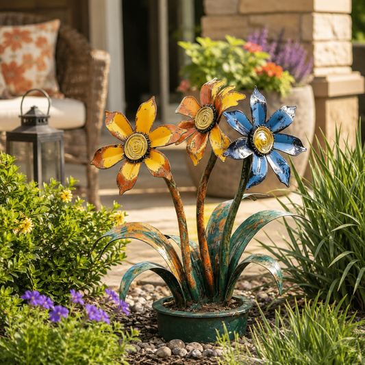 🔥50% OFF TODAY - 🌼Vintage Distressed Metal Flower Garden Stake(✨3-Head Rustic Yard Art Decor}