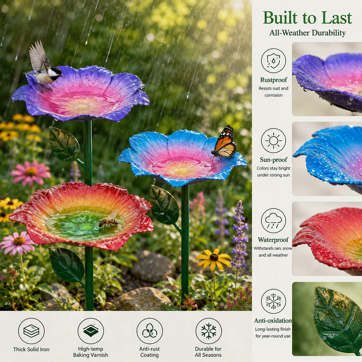 **🌈 Rainbow Gradient Metal Flower Bird Bath Stake, 3-Piece Floral Standing Bird Feeder, Outdoor Garden Pollinator Water Bowl for Bee Butterfly Wild Bird Yard Decor