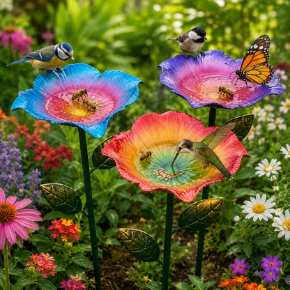 **🌈 Rainbow Gradient Metal Flower Bird Bath Stake, 3-Piece Floral Standing Bird Feeder, Outdoor Garden Pollinator Water Bowl for Bee Butterfly Wild Bird Yard Decor