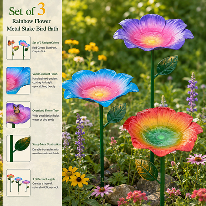 **🌈 Rainbow Gradient Metal Flower Bird Bath Stake, 3-Piece Floral Standing Bird Feeder, Outdoor Garden Pollinator Water Bowl for Bee Butterfly Wild Bird Yard Decor