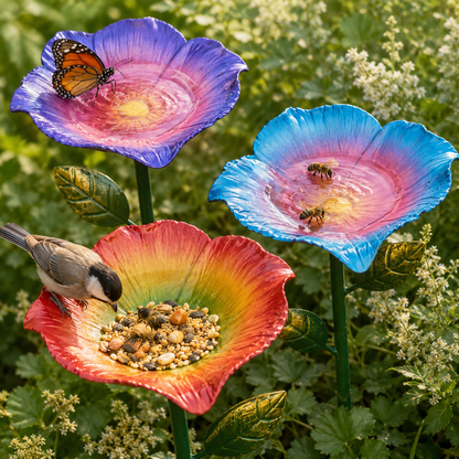 **🌈 Rainbow Gradient Metal Flower Bird Bath Stake, 3-Piece Floral Standing Bird Feeder, Outdoor Garden Pollinator Water Bowl for Bee Butterfly Wild Bird Yard Decor