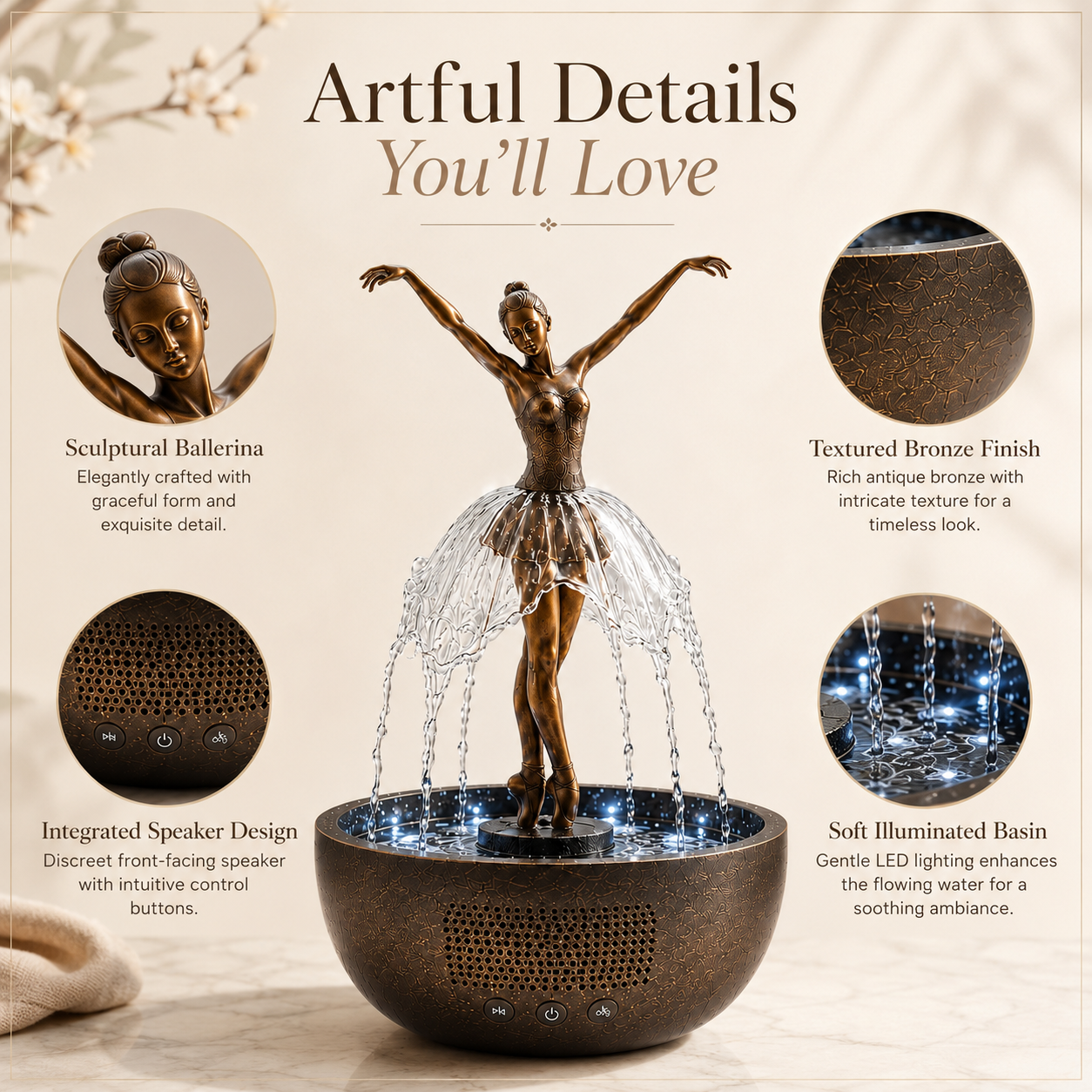 🤍 Grace in Motion – Ballerina Bluetooth Fountain Speaker