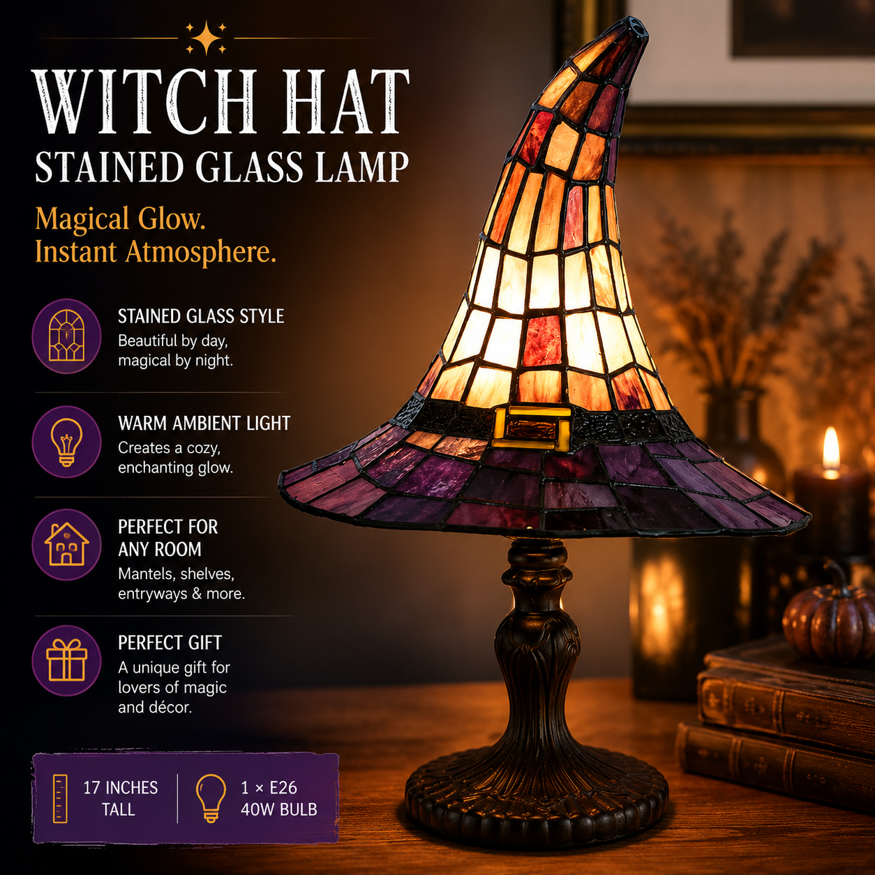 🎃55% OFF Hot Sale✨Viral Stained Glass Witch Hat Lamp| Halloween Home Decor 2026🎁