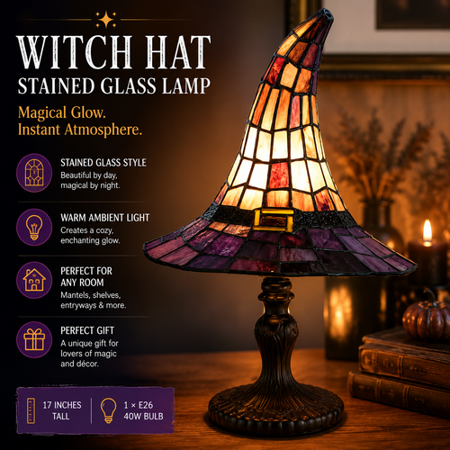 🎃55% OFF Hot Sale✨Viral Stained Glass Witch Hat Lamp| Halloween Home Decor 2026🎁
