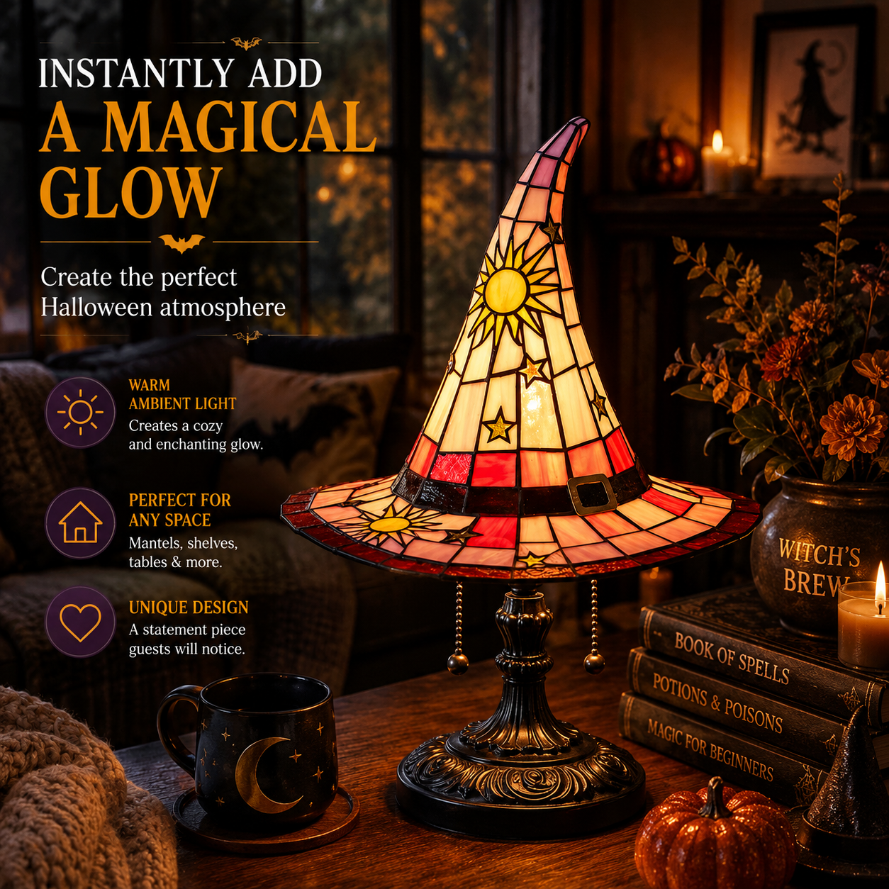 🎃55% OFF Hot Sale✨Viral Stained Glass Witch Hat Lamp| Halloween Home Decor 2026🎁