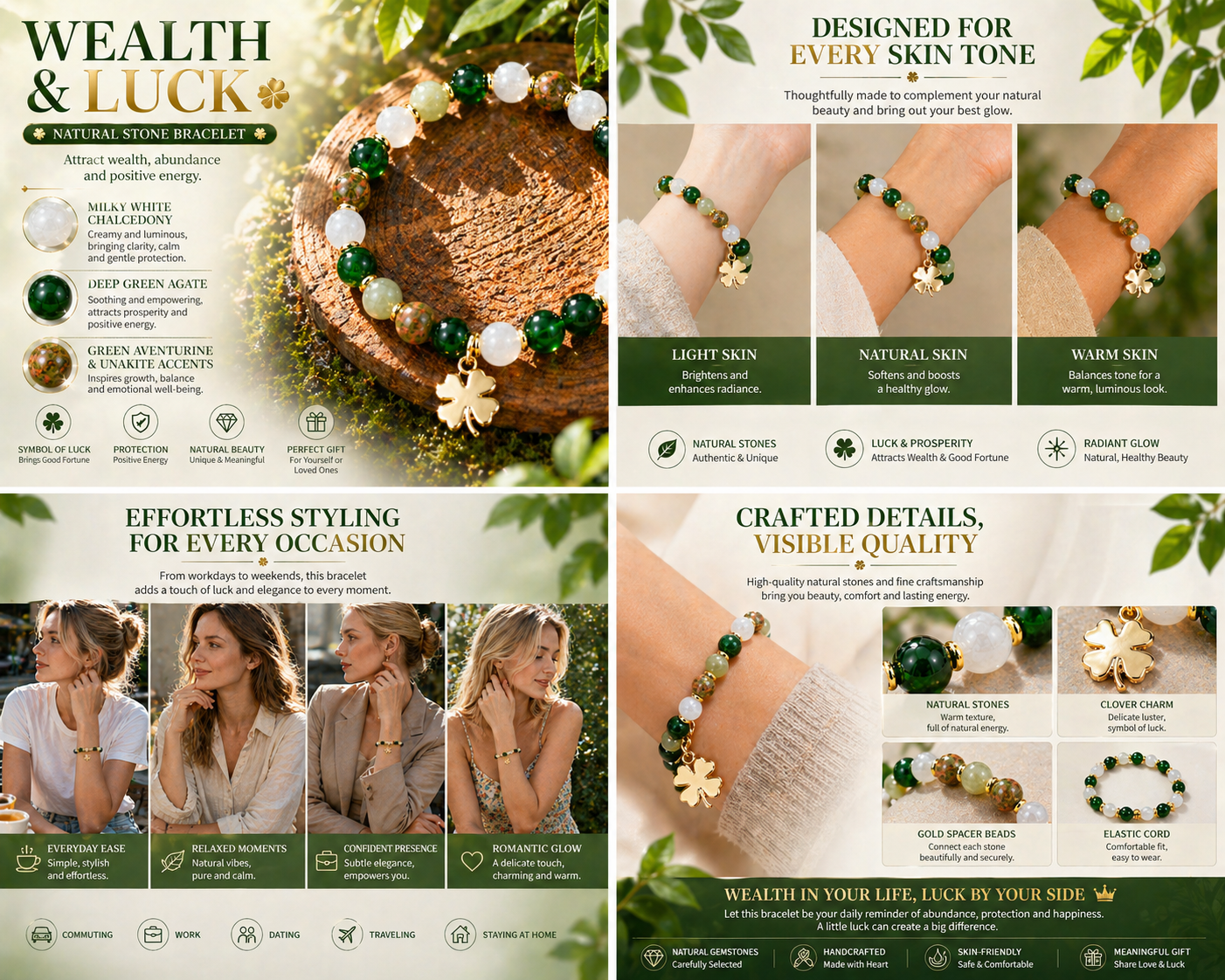 🔥LAST DAY 49% OFF - ✨Lucky Fortune Crystal Bracelet – Clover Charm & Natural Stone