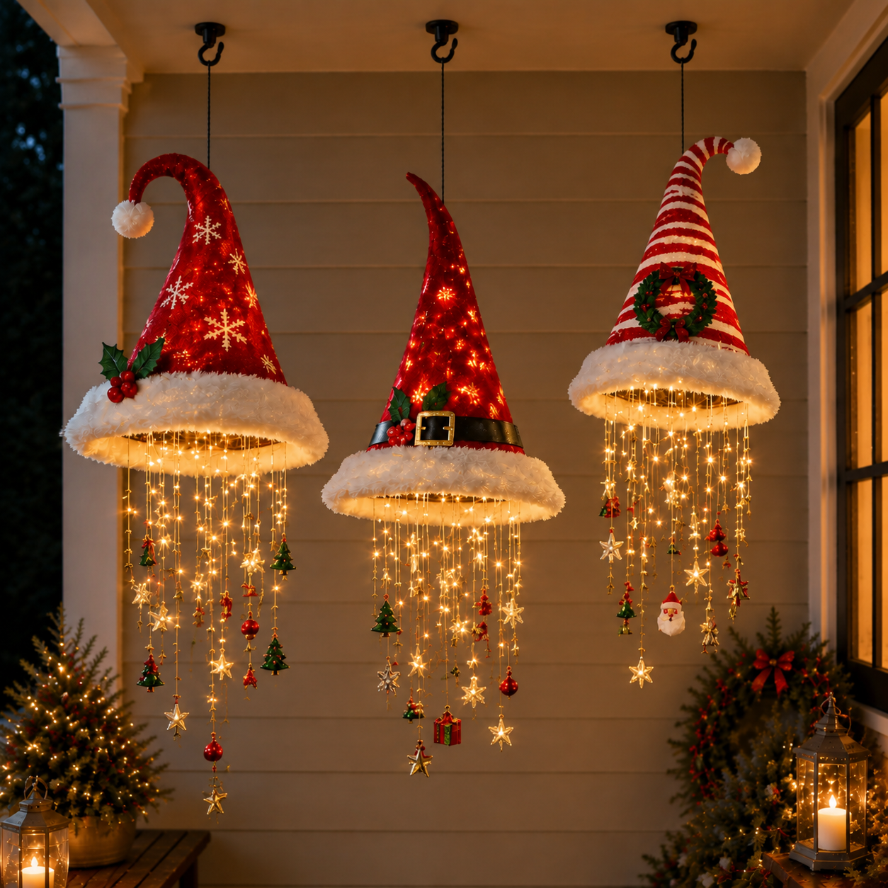 🎅 Lighted Santa Hat Hanging Chandelier 🎄 | 3 Styles Warm LED Christmas String Light