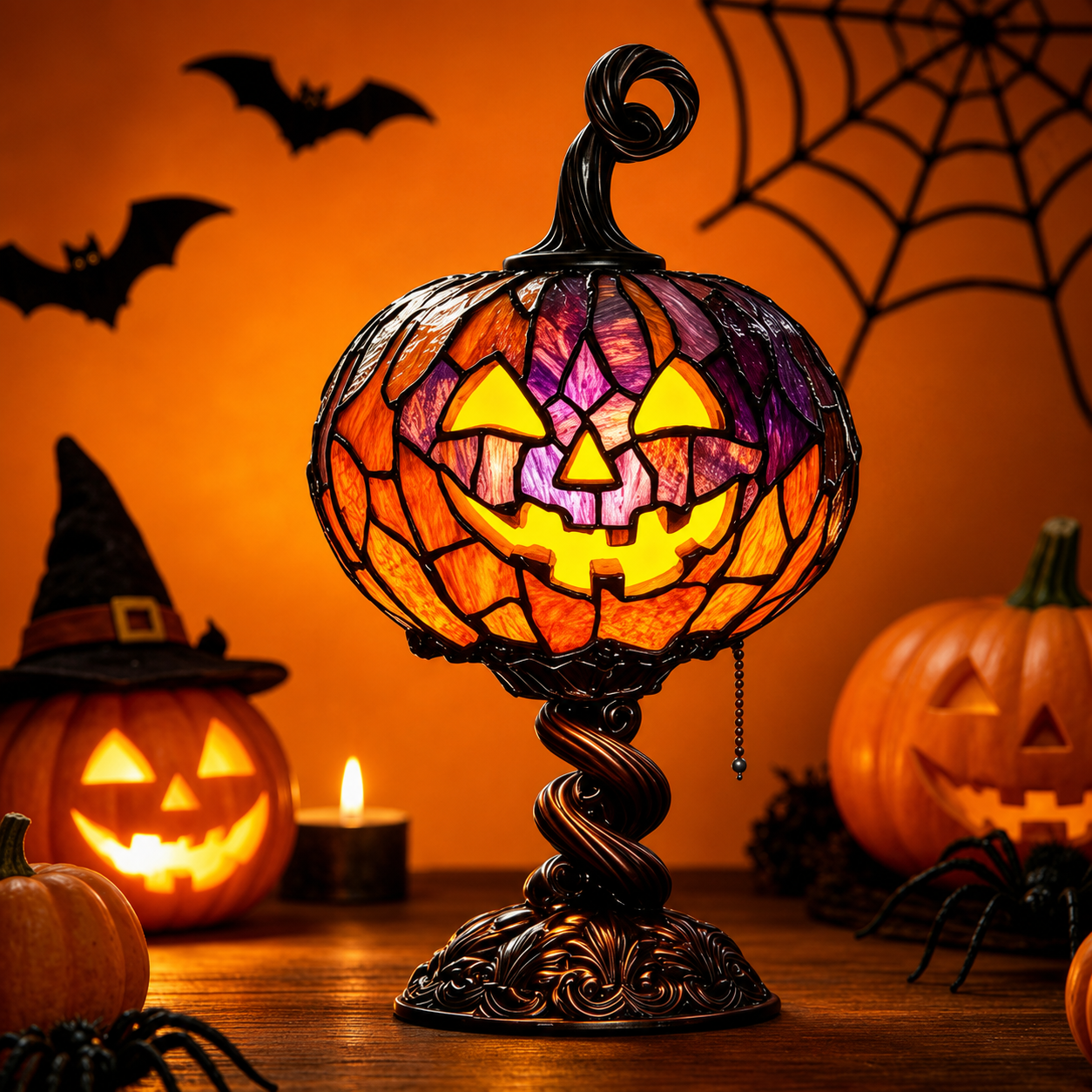 👻Spooky Glow Tiffany Lamp Pumpkin Ghost Bat Halloween Desk Light
