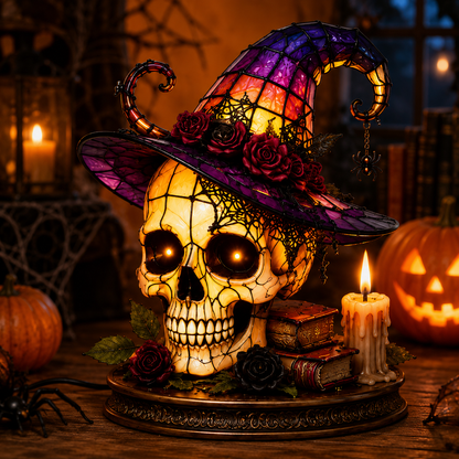 🔥Exclusive Limited Item 👍🔥45%OFF🐈 Gothic Stained Glass Witch Black Cat Table Lamp | Halloween Witch Hat Night Light Decor