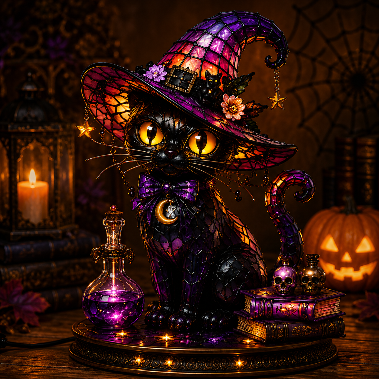 🔥Exclusive Limited Item 👍🔥45%OFF🐈 Gothic Stained Glass Witch Black Cat Table Lamp | Halloween Witch Hat Night Light Decor