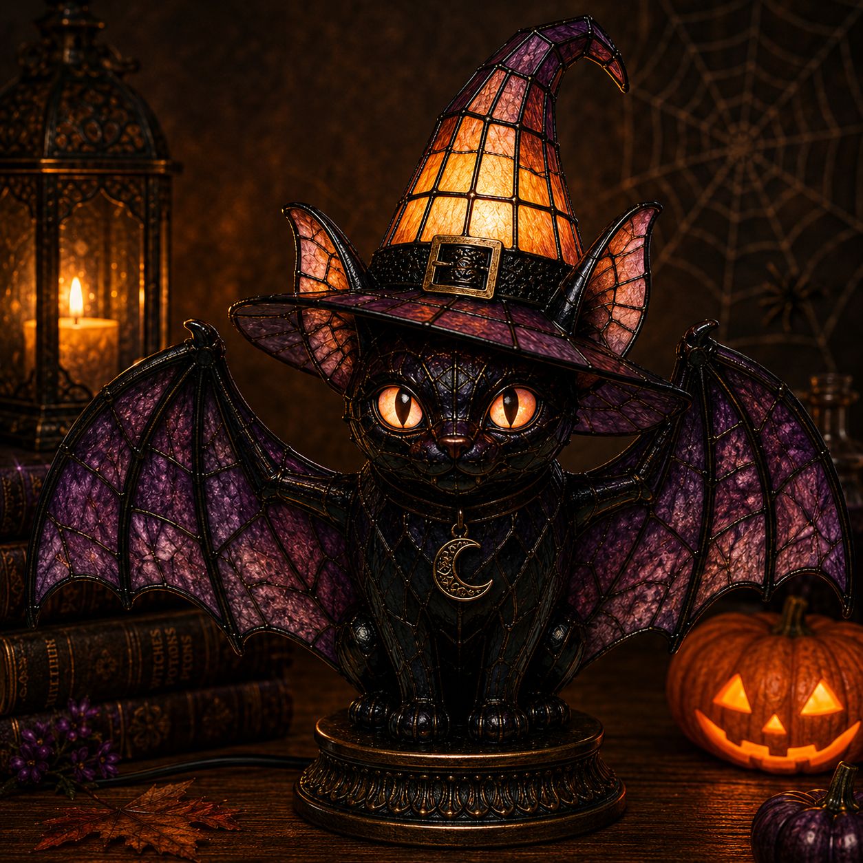🔥Exclusive Limited Item 👍🔥45%OFF🐈 Gothic Stained Glass Witch Black Cat Table Lamp | Halloween Witch Hat Night Light Decor