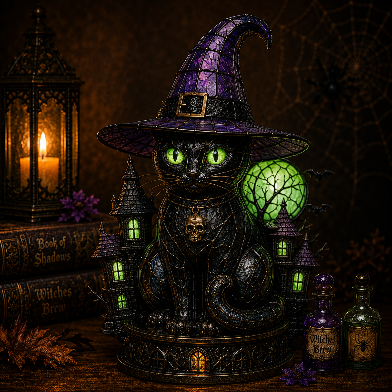 🔥Exclusive Limited Item 👍🔥45%OFF🐈 Gothic Stained Glass Witch Black Cat Table Lamp | Halloween Witch Hat Night Light Decor