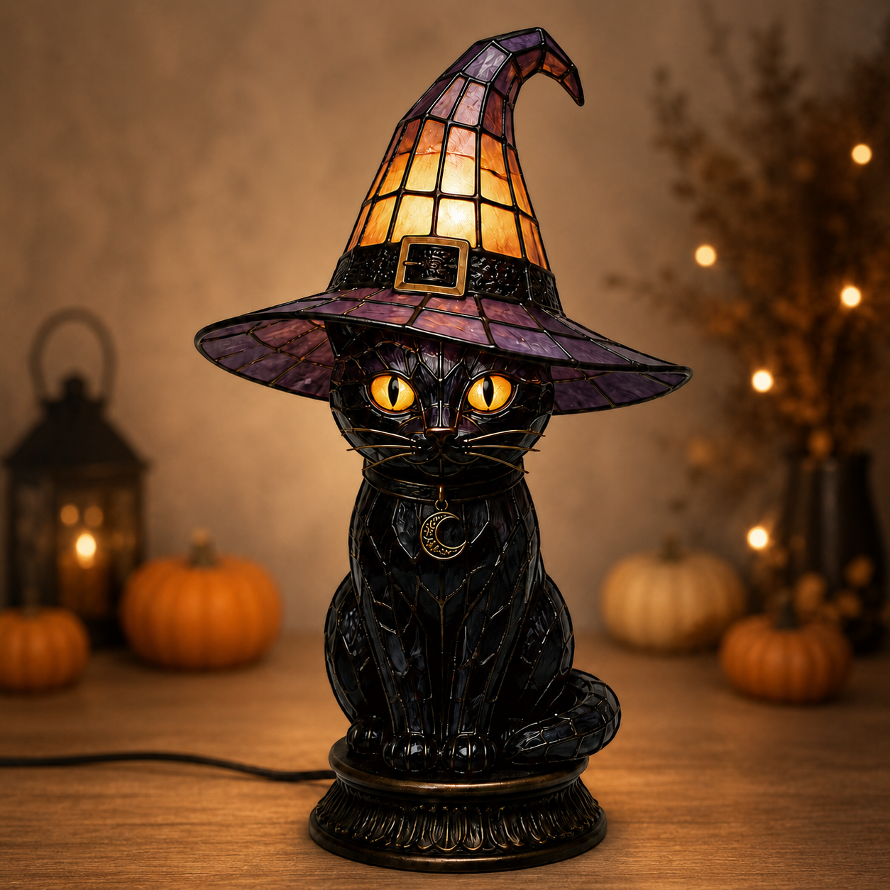 🔥Exclusive Limited Item 👍🔥45%OFF🐈 Gothic Stained Glass Witch Black Cat Table Lamp | Halloween Witch Hat Night Light Decor