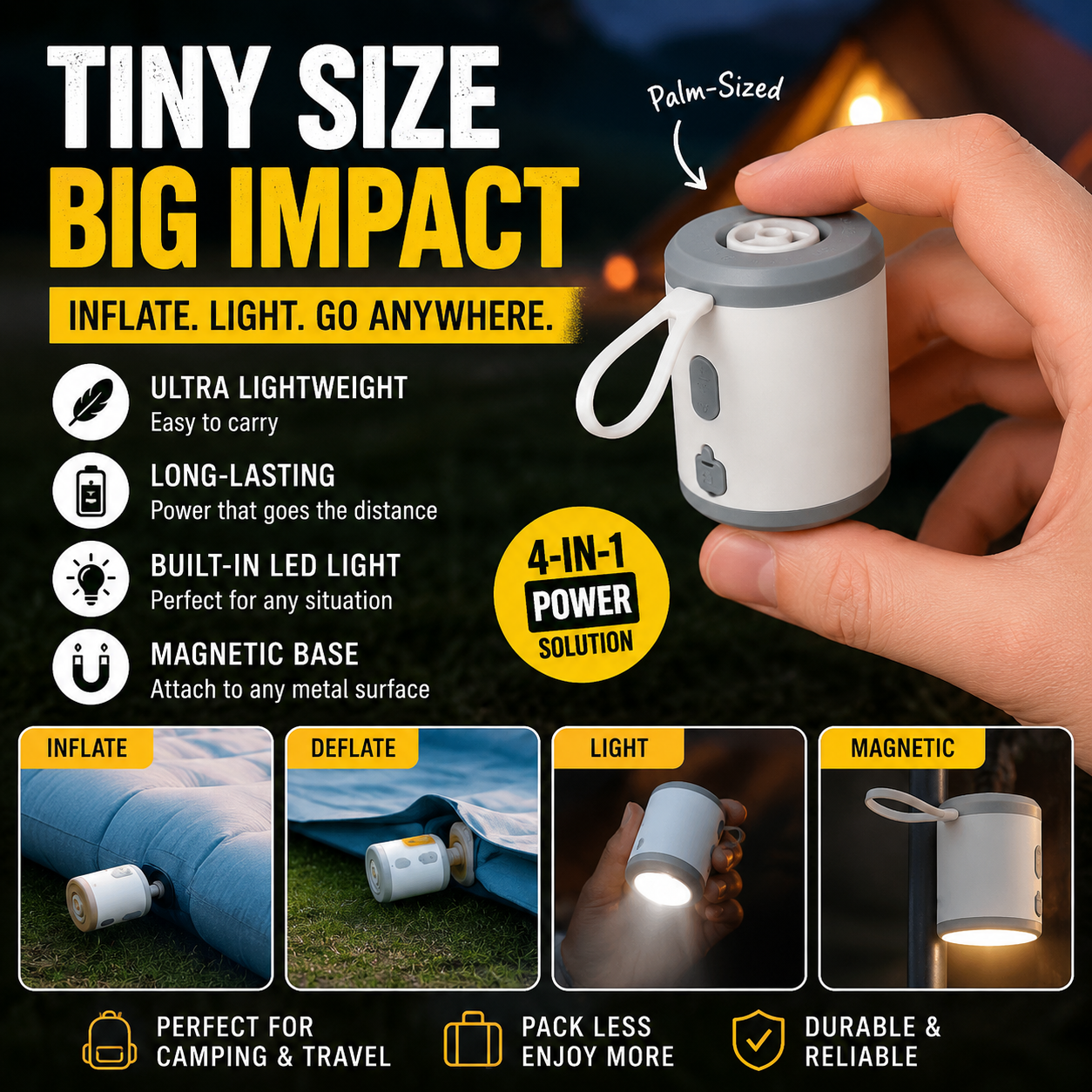 🔥Last Chance – 50% OFF Today Only!🎁 4-in-1 Mini Outdoor Air Pump 💨 Inflate🌬️ Deflate🔦 Illuminate🎒 Take It Anywhere.