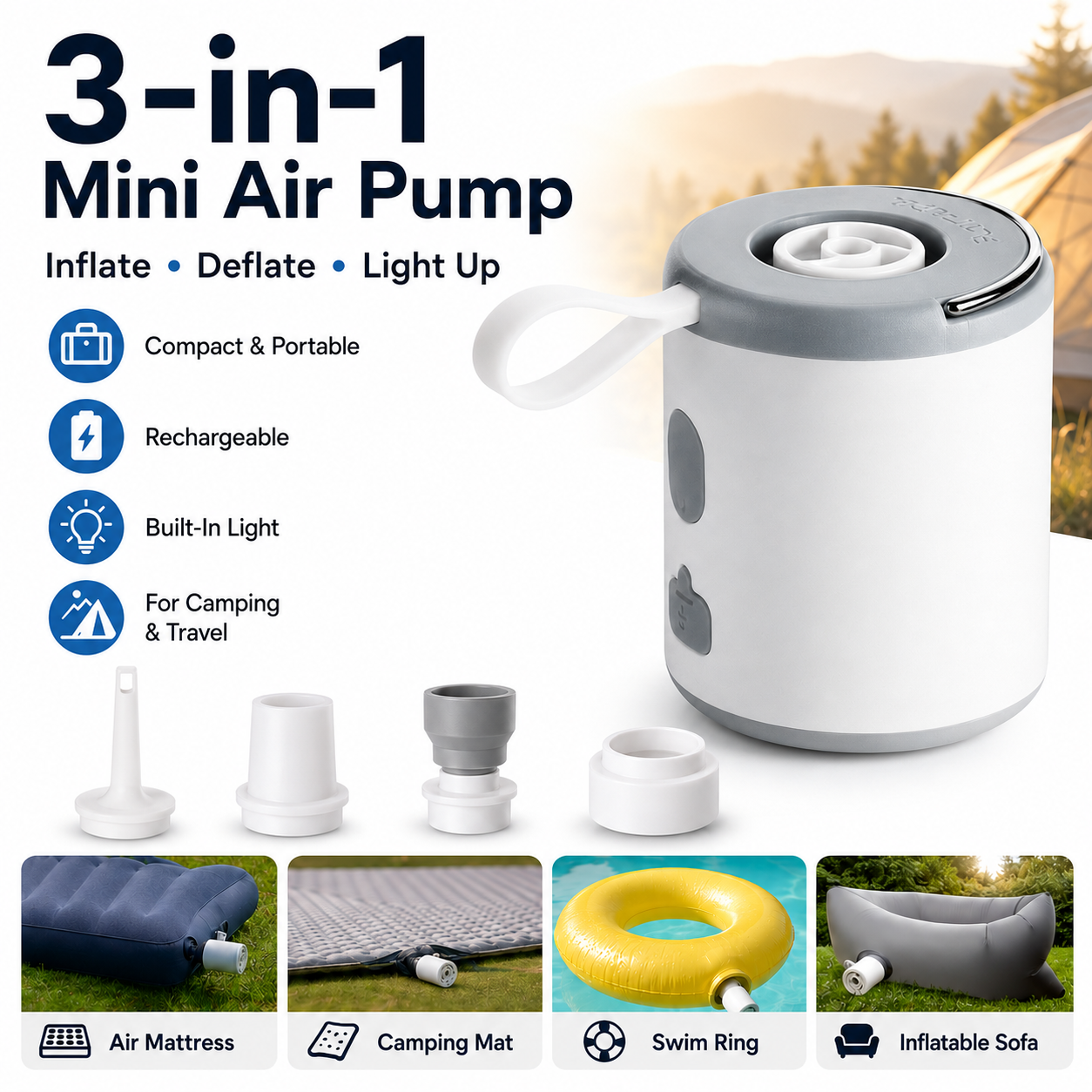 🔥Last Chance – 50% OFF Today Only!🎁 4-in-1 Mini Outdoor Air Pump 💨 Inflate🌬️ Deflate🔦 Illuminate🎒 Take It Anywhere.
