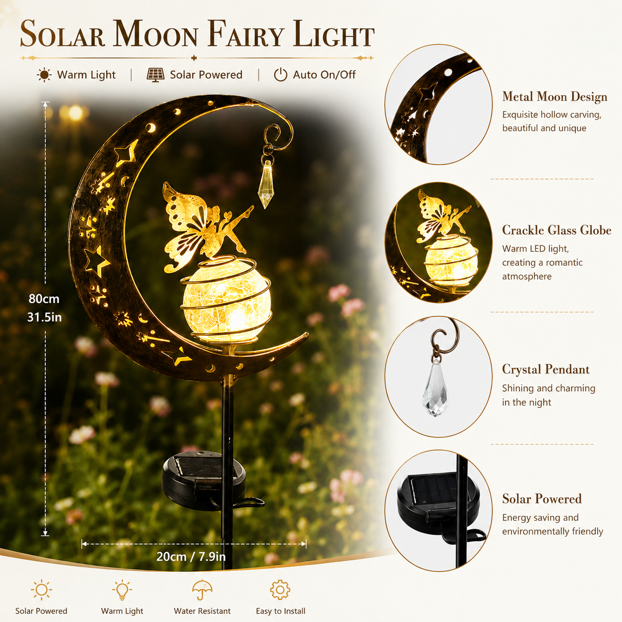 🧚🌕 50% OFF Half Price！Moon & Fairy Crackle Glass Solar Garden Stake Light