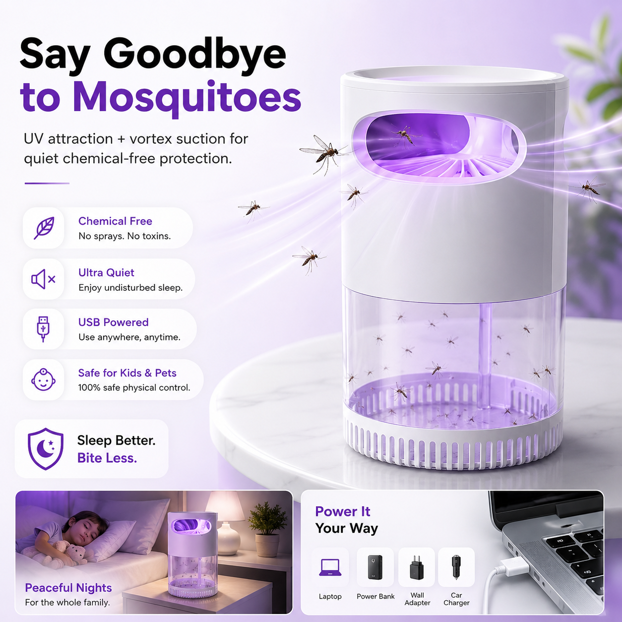 🚫No More Mosquito At Night🌙Quiet UV Mosquito Trap – Chemical-Free & Safe for Kids & Pets🦟