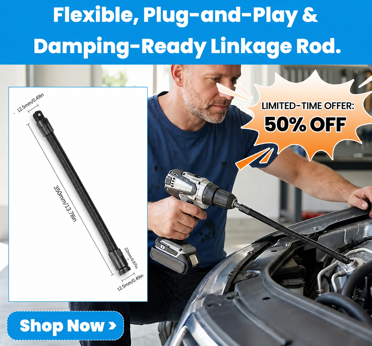 Flexible torque extension rod 360 articulation for hard to reach bolts