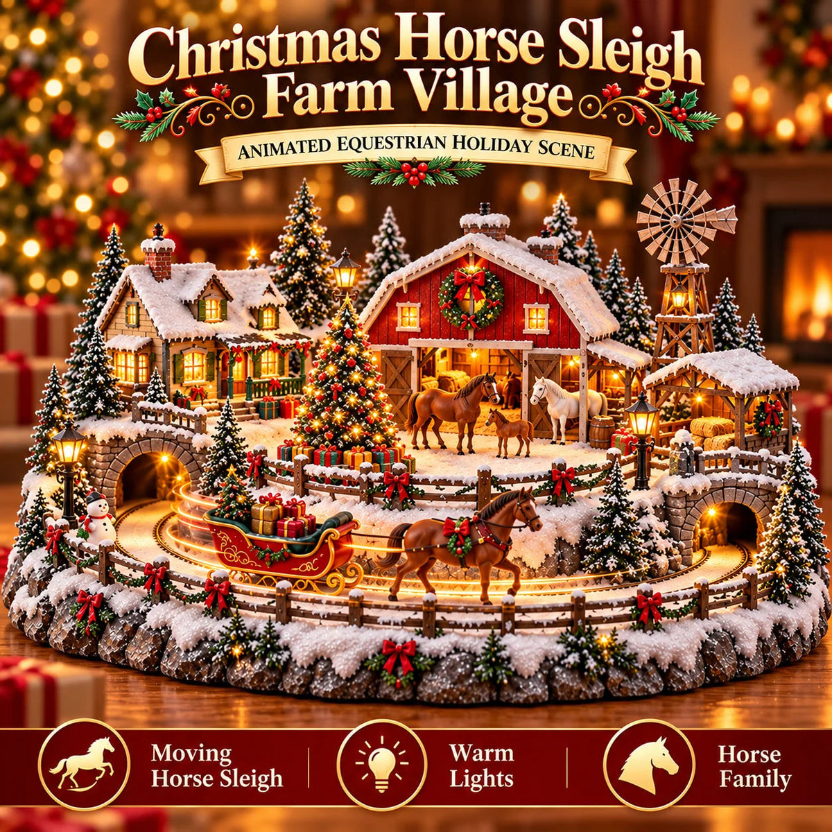 🔥 LAST DAY 49% OFF 🔥 Lighted Animated Christmas Village with Train, Reindeer Sleigh & Waterfall ✨