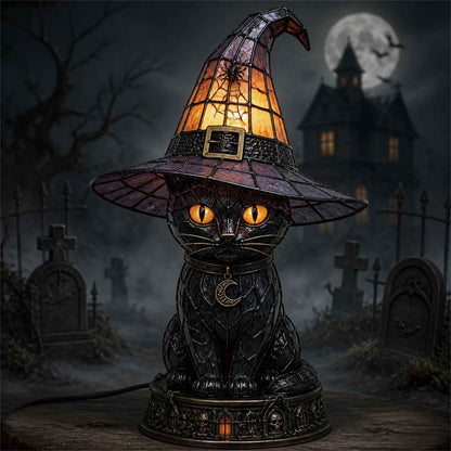 🐈 Gothic Stained Glass Witch Black Cat Table Lamp | Halloween Witch Hat Night Light Decor