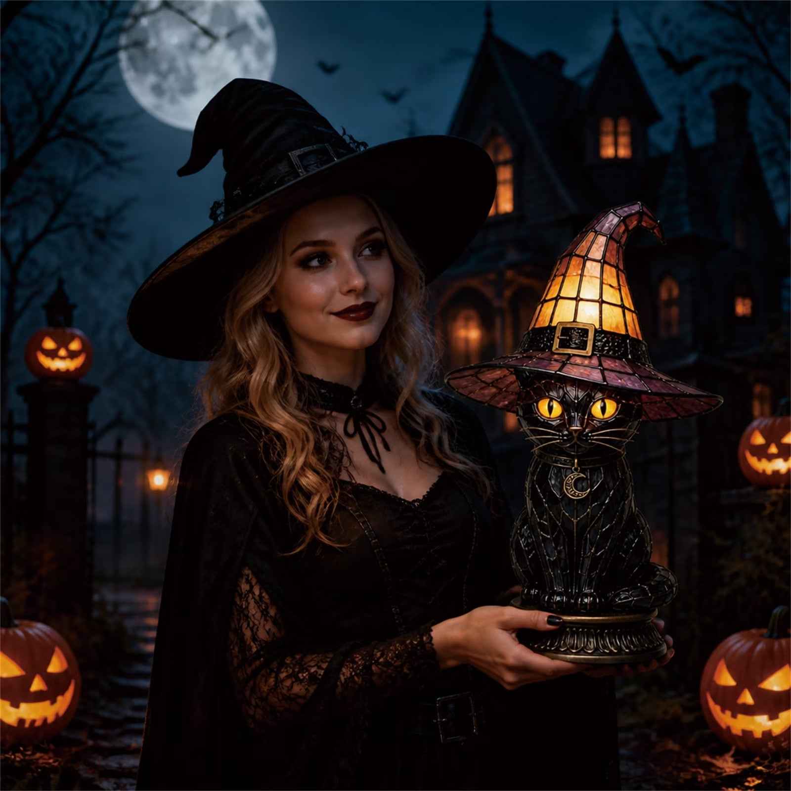 🐈 Gothic Stained Glass Witch Black Cat Table Lamp | Halloween Witch Hat Night Light Decor