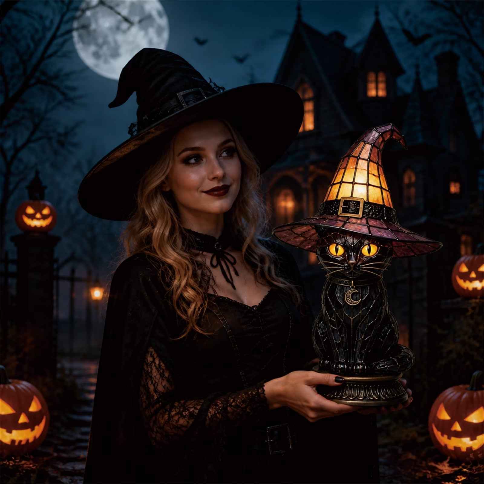 🔥Exclusive Limited Item 👍🔥45%OFF🐈 Gothic Stained Glass Witch Black Cat Table Lamp | Halloween Witch Hat Night Light Decor